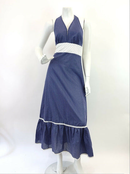 VINTAGE 60s 70s BLUE WHITE POLKA-DOT MOD HALTER RUFFLED MAXI DRESS 8