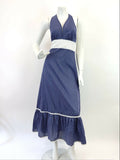 VINTAGE 60s 70s BLUE WHITE POLKA-DOT MOD HALTER RUFFLED MAXI DRESS 8