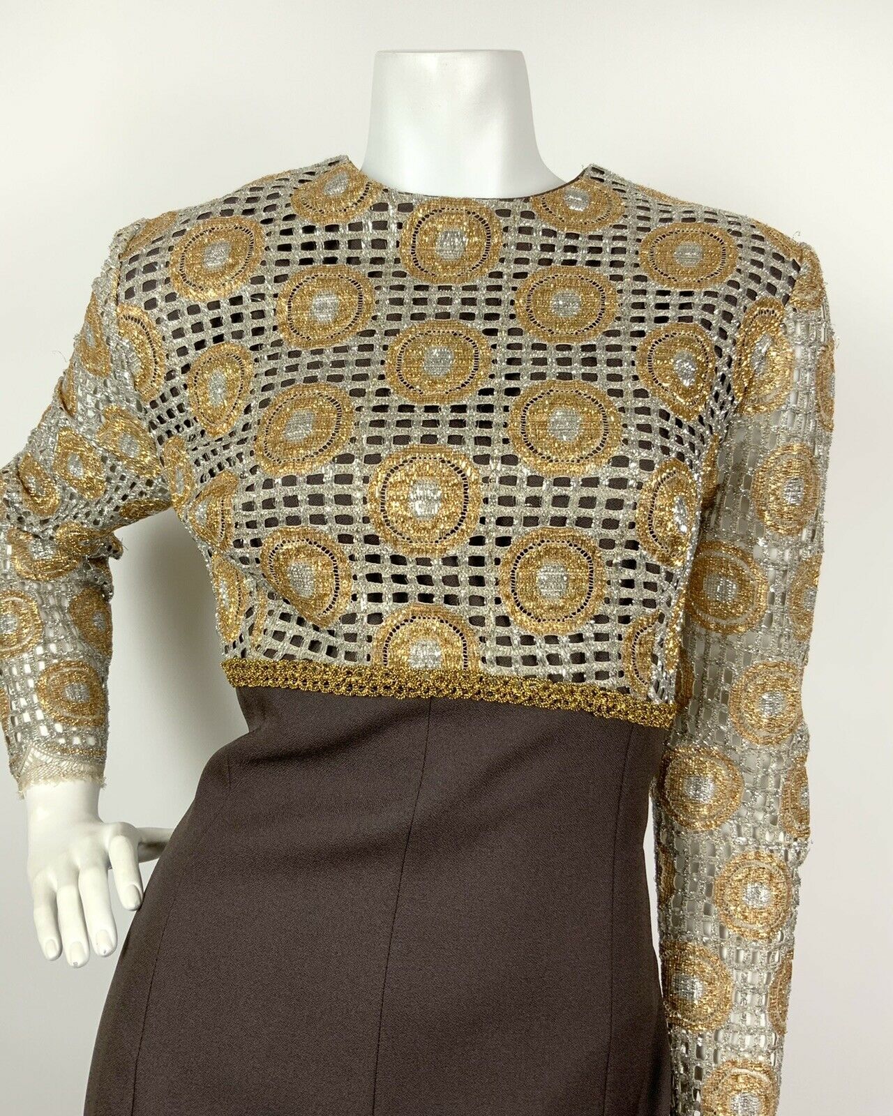 VINTAGE 60s 70s BROWN SILVER GOLD GEOMETRIC MESH PARTY DISCO MAXI DRESS 14 16