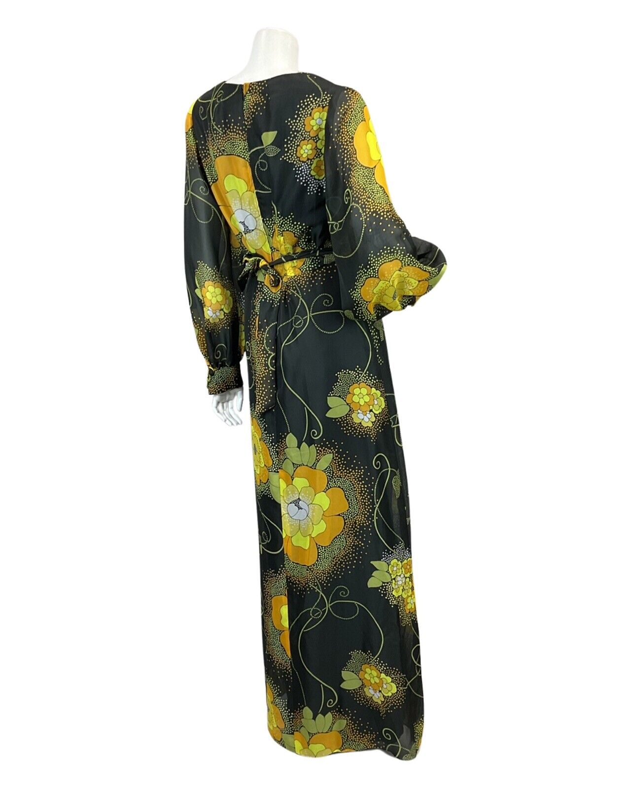 VTG 60s 70s BLACK YELLOW ORANGE FLORAL PRINT PSYCHEDELIC MAXI DRESS 10 12