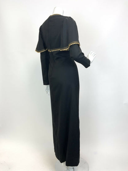 VTG 60s 70s BLACK GOLD RICRAC CAPE-SLEEVE GLAM PARTY EMPIRE LINE MAXI DRESS 8