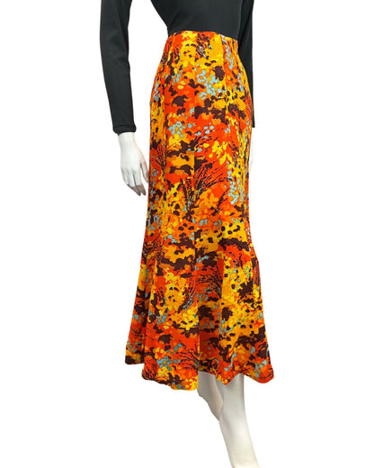 VINTAGE 70s ORANGE YELLOW BROWN PSYCHEDELIC FLORAL FLARED MAXI SKIRT 6