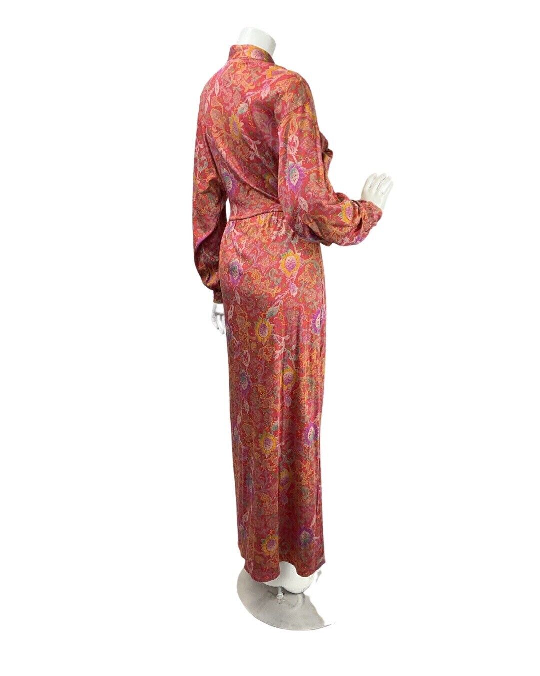 VINTAGE 70s RED PURPLE GREEN FLORAL PAISLEY BOHO LONGSLEEVE MAXI DRESS 10 12