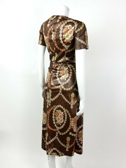 VTG 60s 70s BROWN PINK ORANGE PSYCHEDELIC FLORAL DAISY CHAIN MIDI DRESS 12 14