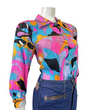 VINTAGE 70s 80s PINK BLUE BLACK PSYCHEDELIC GEOMETRIC FLOATY BLOUSE SHIRT 8 10
