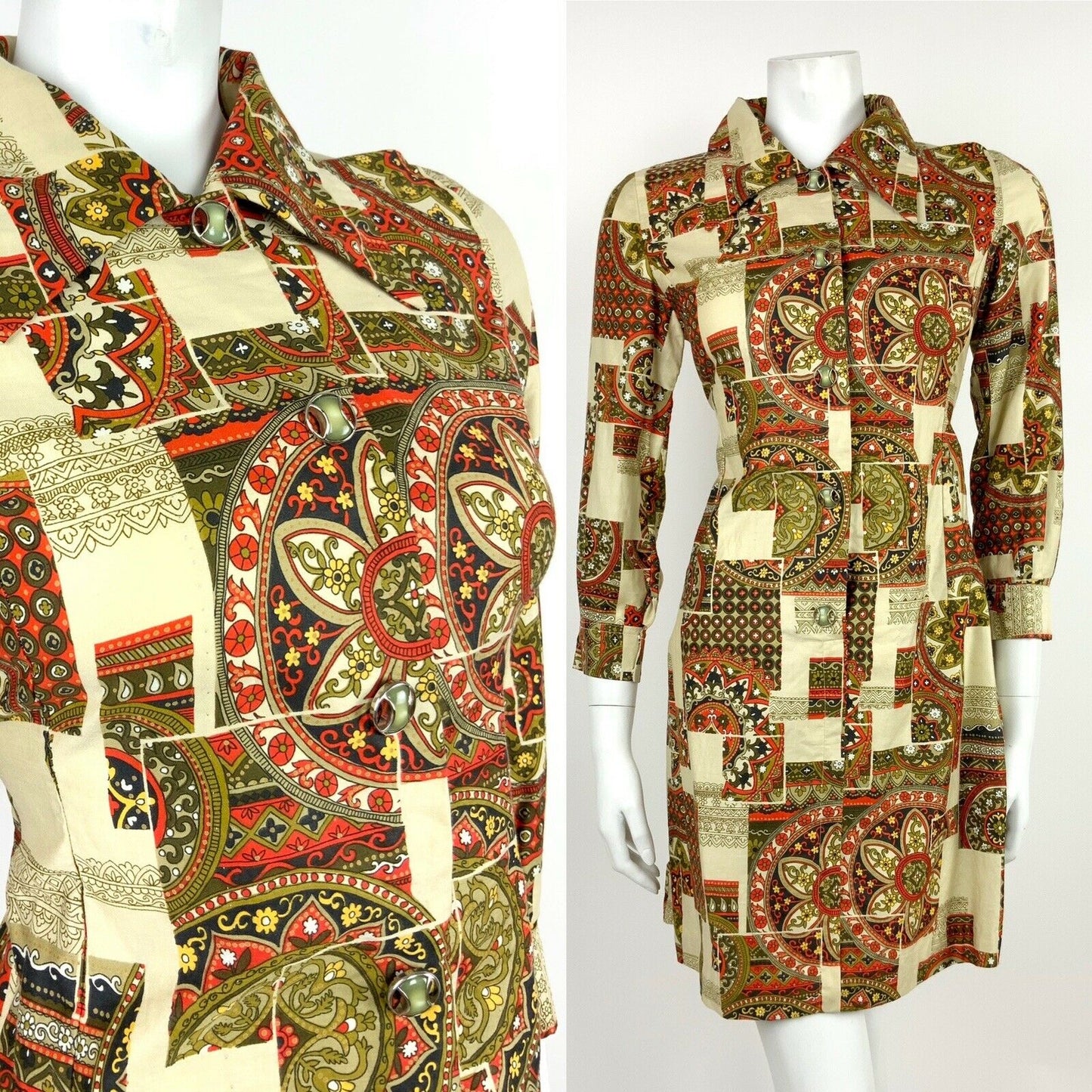 VTG 60s 70s CREAM RED BLACK GOLD GREEN FLORAL ARABESQUE SHIRT DRESS 8 10