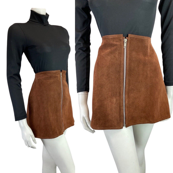 VINTAGE 60s 70s WARM BROWN ZIP-UP SUEDE LEATHER MOD BOHO MINI SKIRT 8 10