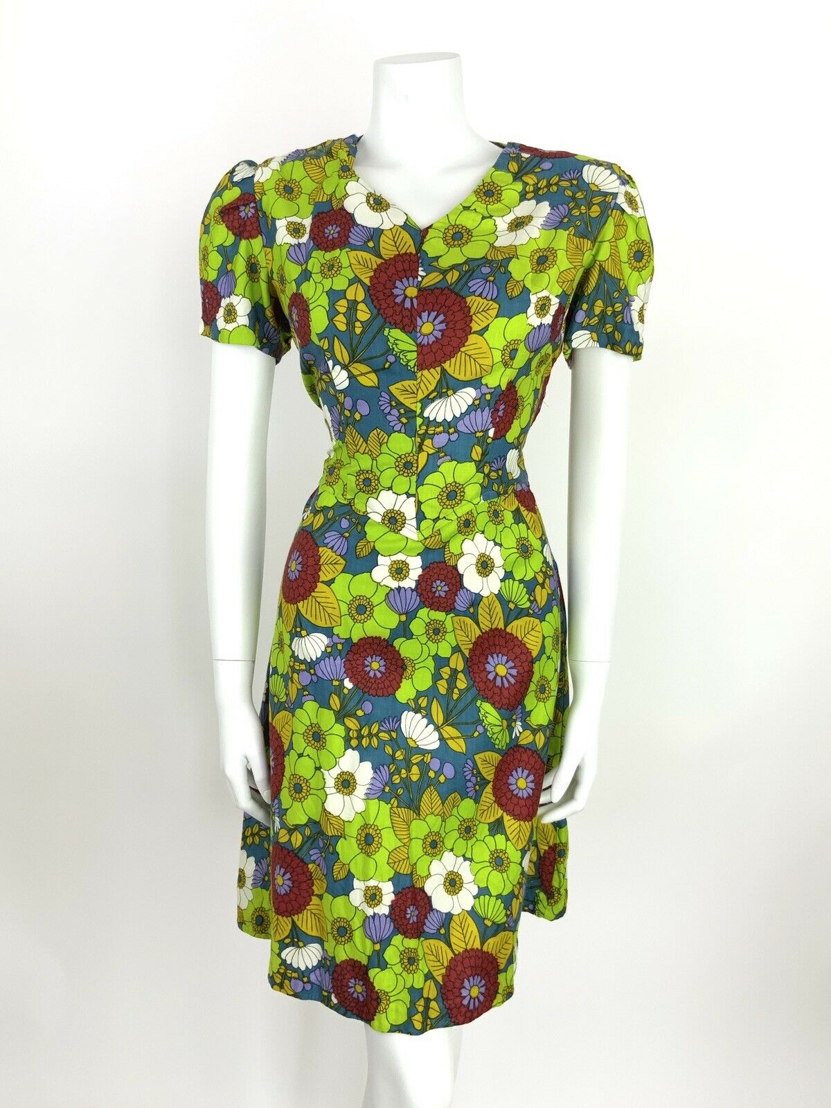 VINTAGE 60s A-LINE TEA DRESS FLORAL DITSY GREEN BLUE RED PURPLE 12 14