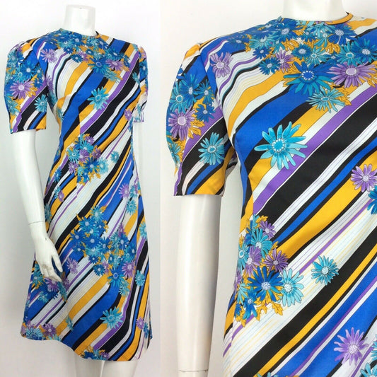 VTG 60s 70s BLUE YELLOW BLACK PURPLE STRIPE FLOWER DAISY DRESS 14