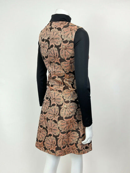 VTG 60s 70s ORANGE GOLD BLACK FLORAL BAROQUE PARTY GLAM WAISTCOAT DRESS 10 12