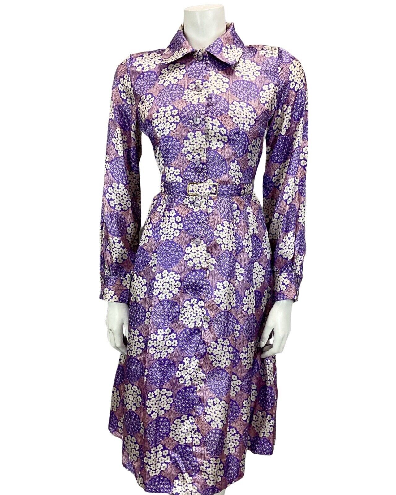 VINTAGE 60S 70S PURPLE LILAC FLORAL PRINT BOHO PSYCHEDELIC MIDI DRESS 12