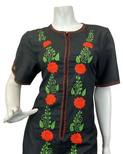 VINTAGE 60s 70s BLACK ORANGE GREEN FLORAL EMBROIDERED BOHO FOLK MAXI DRESS 10