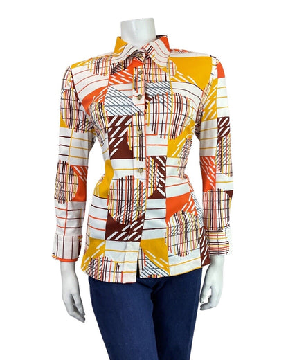 VINTAGE 60s 70s WHITE YELLOW BROWN GEOMETRIC OP-ART MOD DAGGER SHIRT 10 12