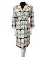 VINTAGE 60s 70s STYLE CREAM BROWN ABSTRACT DOGTOOTH BELTED MOD MIDI COAT 14 16