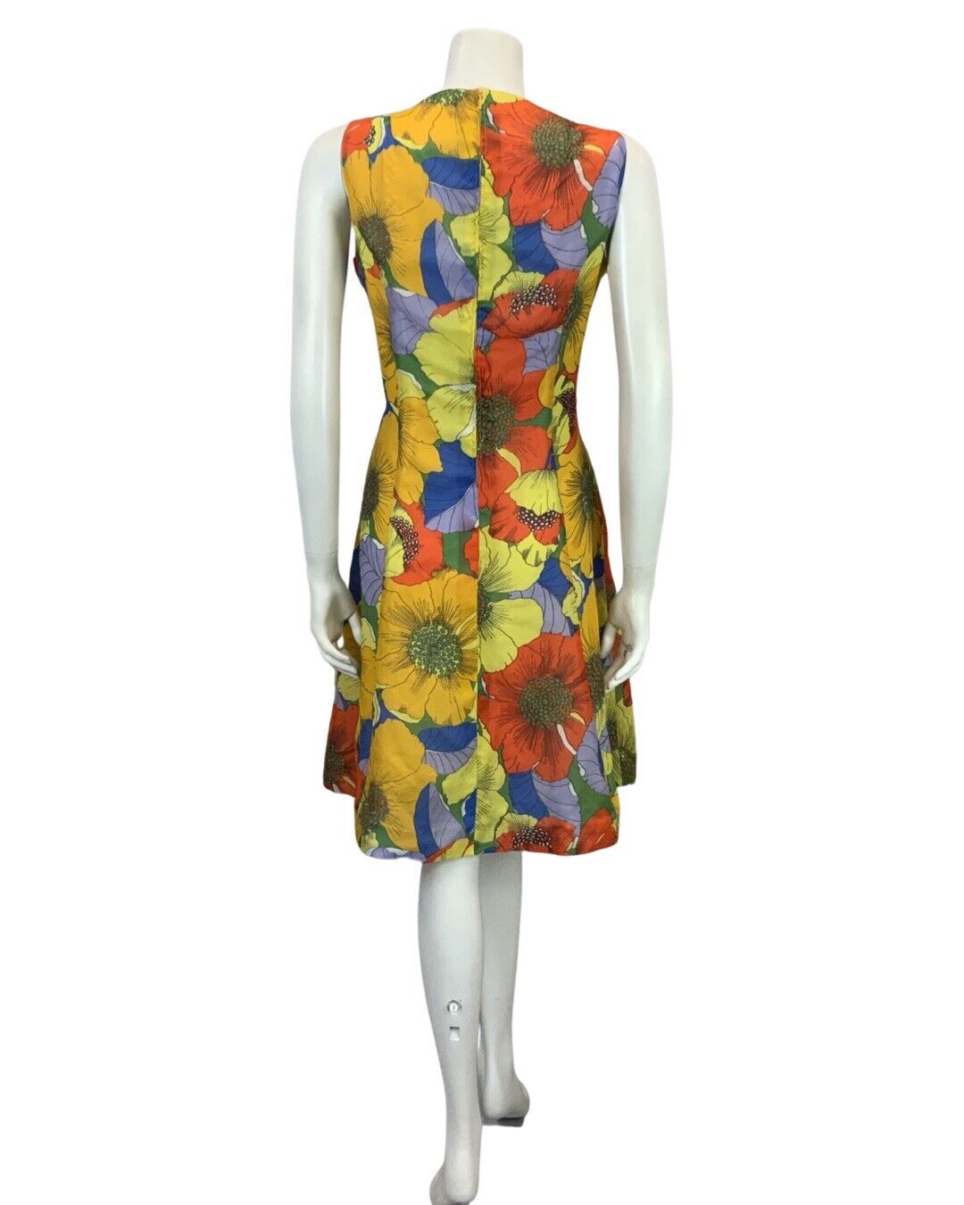 VINTAGE YELLOW ORANGE BLUE GREEN FLORAL PRINT FLOATY MIDI DRESS 14