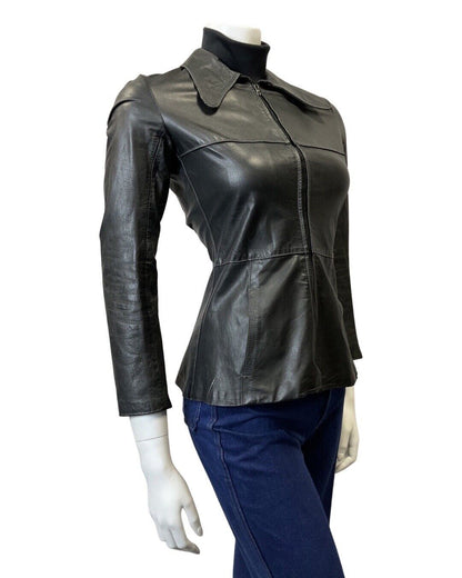 VINTAGE 60s 70s JET BLACK DAGGER COLLAR ZIP-UP MOD SHORT LEATHER JACKET 6 8