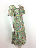 VINTAGE 60s 70s GREEN WHITE PSYCHEDELIC FLORAL BELL SLEEVE TEA DRESS 8