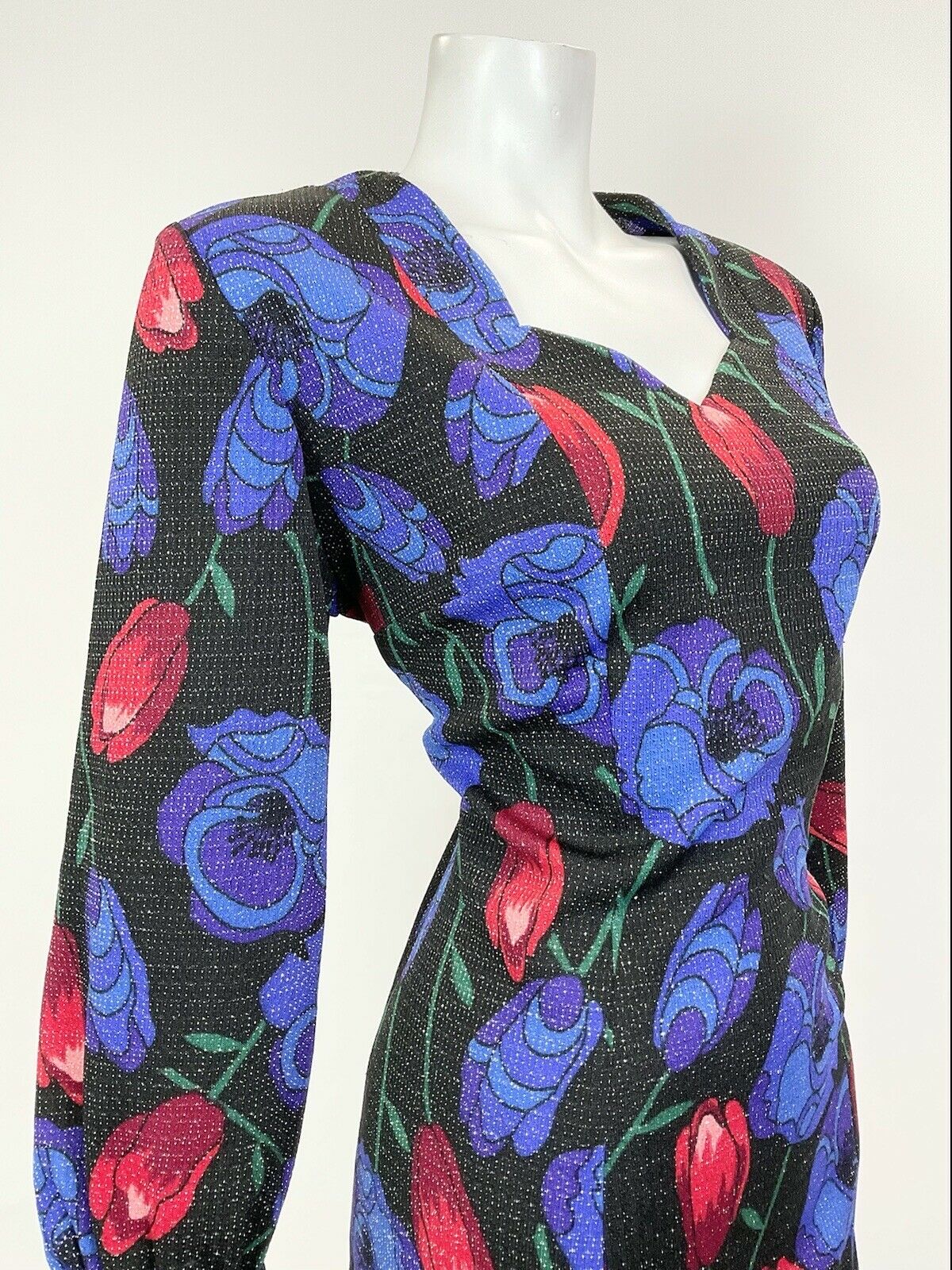 VINTAGE 60s 70s BLACK BLUE RED FLORAL ROSE TULIP LUREX PARTY GLAM DRESS 16 18