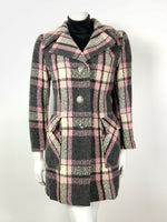 VINTAGE 60s 70s GREY SILVER WHITE BROWN PINK PLAID CHECKED MOD SWING COAT 14 16
