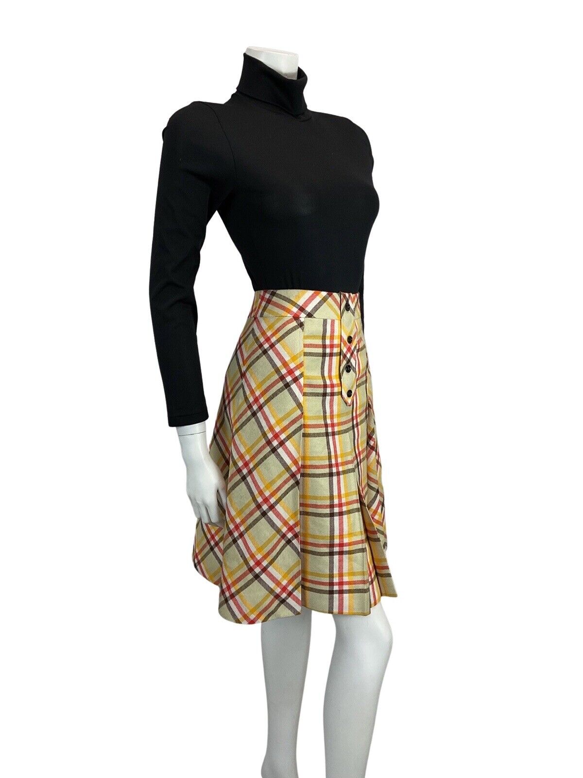 VINTAGE 60s 70s LIGHT SAGE GREEN RED BROWN YELLOW CHECKED PRINT MOD MINI SKIRT 6