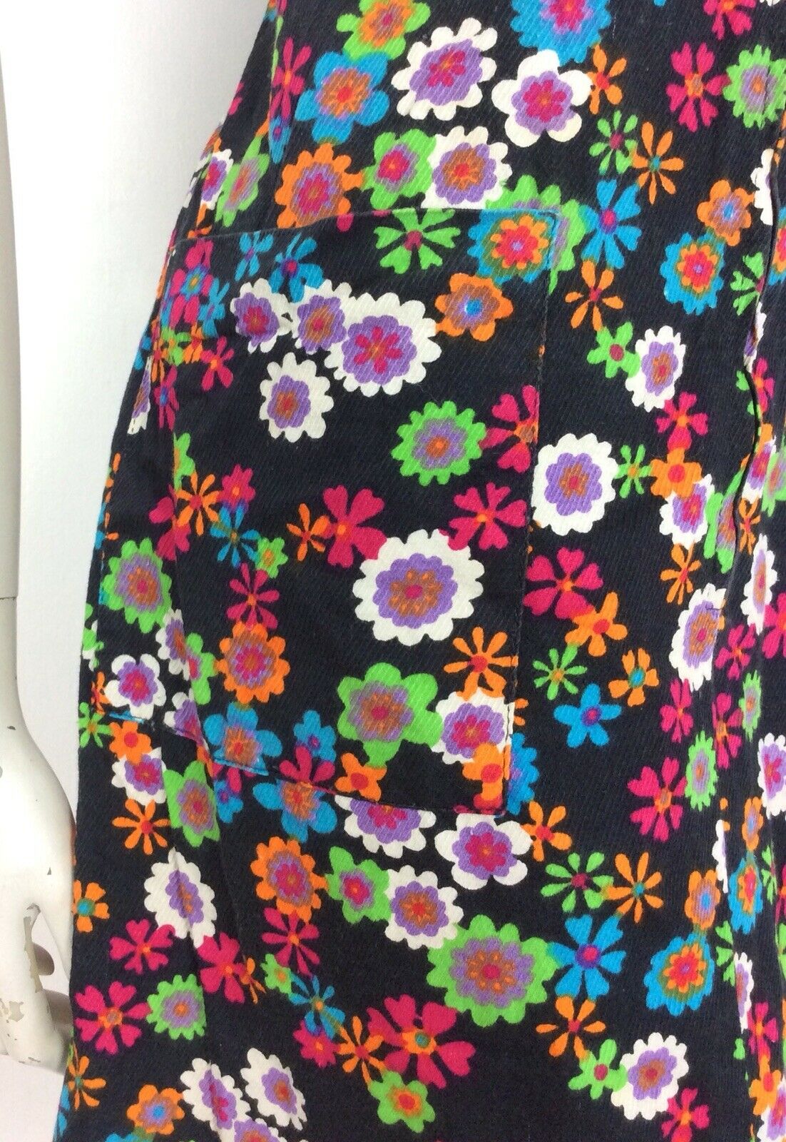 VINTAGE 60S PSYCHEDELIC BLACK GREEN BLUE RED COTTON DAISY ZIP UP DRESS 14