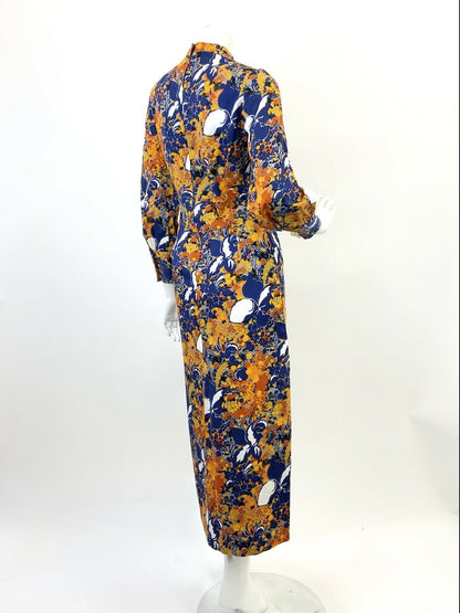 VINTAGE 60s 70s BLUE ORANGE YELLOW PSYCHEDELIC FLORAL DOTTY MOD MIDI DRESS 8