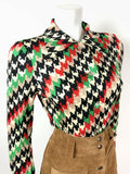 VINTAGE 60s 70s BLACK WHITE GREEN RED HOUNDSTOOTH STRIPED MOD DAGGER SHIRT 10 12