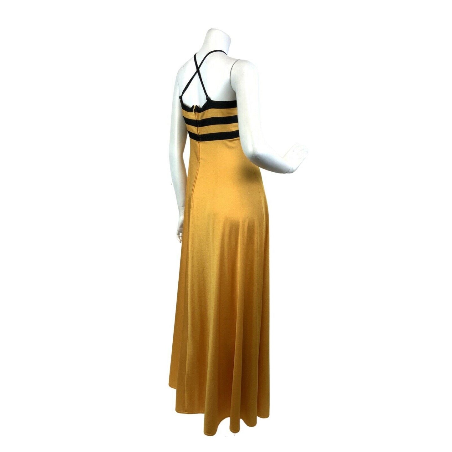 VINTAGE 60s 70s YELLOW BLACK STRIPED EMPIRE LINE MOD STRAPPY MAXI DRESS 6