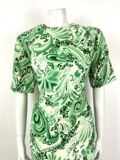 VTG 60s 70s FOREST GREEN CREAM SWIRL PSYCHEDELIC SCROLL SHIFT DRESS 14 16