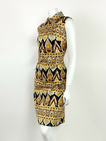 VINTAGE 60s 70s BROWN BRONZE GOLD BLACK WHITE AZTEC GEOMETRIC DRESS 12 14 16