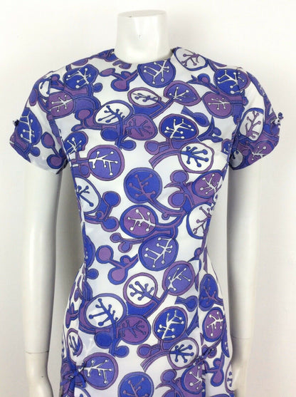 AMAZING VINTAGE 60s 70s ABSTRACT FLORAL DRESS PURPLE BLUE WHITE 10 12