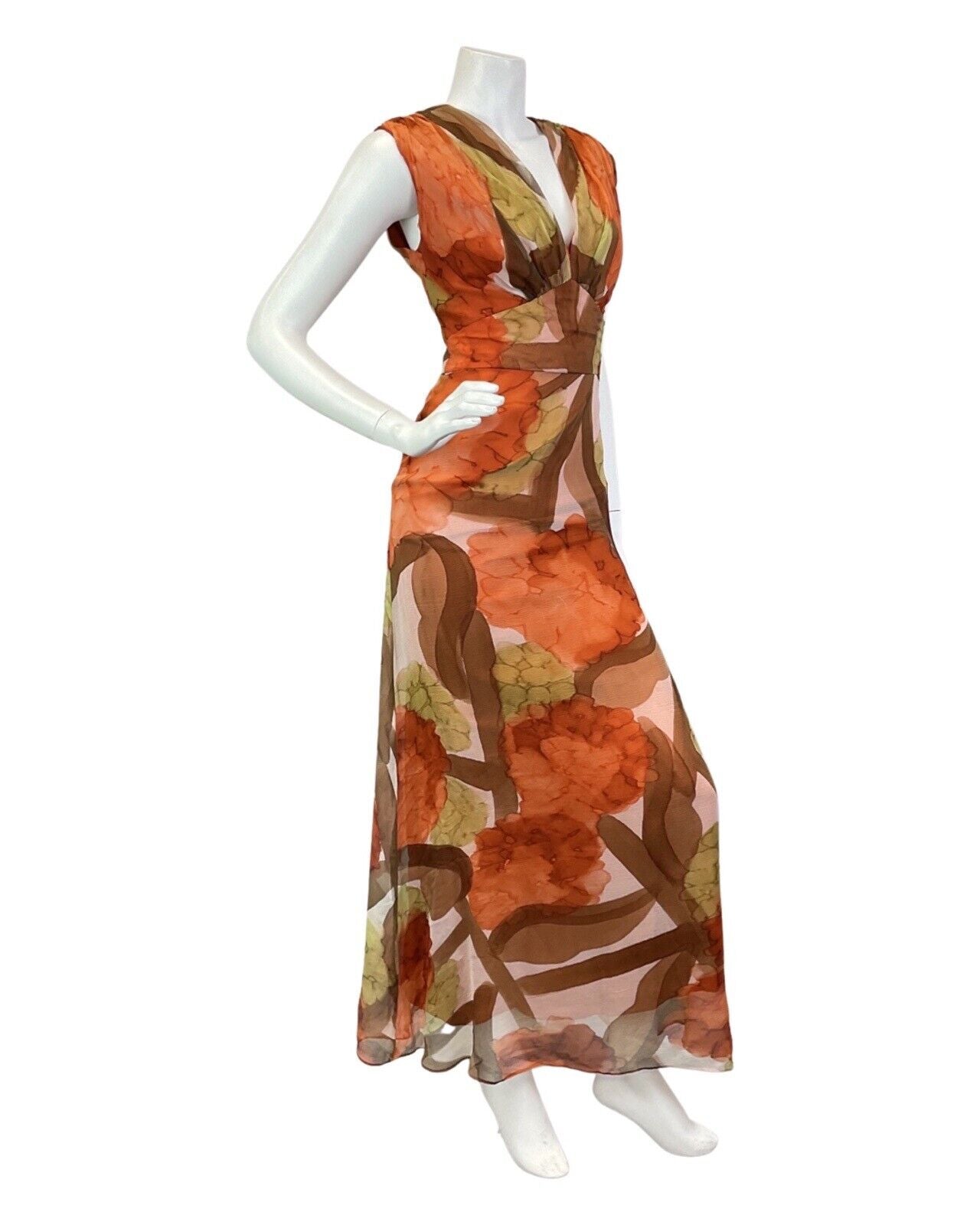 VINTAGE 60s 70s ORANGE BROWN GREEN PSYCHEDELIC ABSTRACT SUMMER MAXI DRESS 10