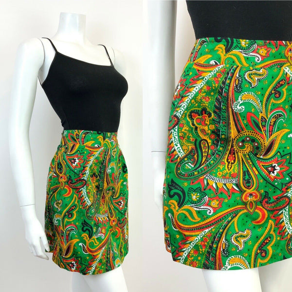 VINTAGE 60s 70s GREEN RED BLACK PSYCHEDELIC FLORAL PAISLEY MOD MINI SKIRT 8