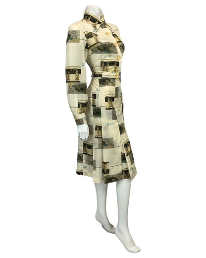 VINTAGE 60s 70s OFF WHITE BEIGE TAN NOVELTY PRINT BELTED MIDI MOD DRESS 12