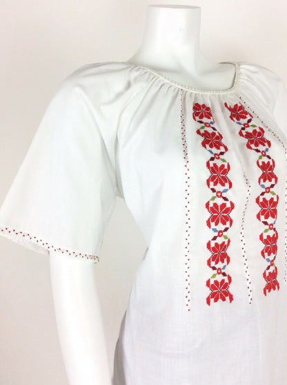 VINTAGE 60s 70s ETHNIC BLOUSE WHITE RED FLORAL CROSS STITCH HIPPY 12 14