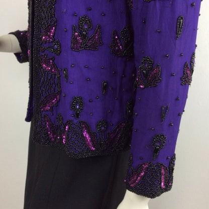 VINTAGE 70S 80S PURPLE EVENING PARTY BLACK PINK BEAD FLOWER TROPHY JACKET 10 12