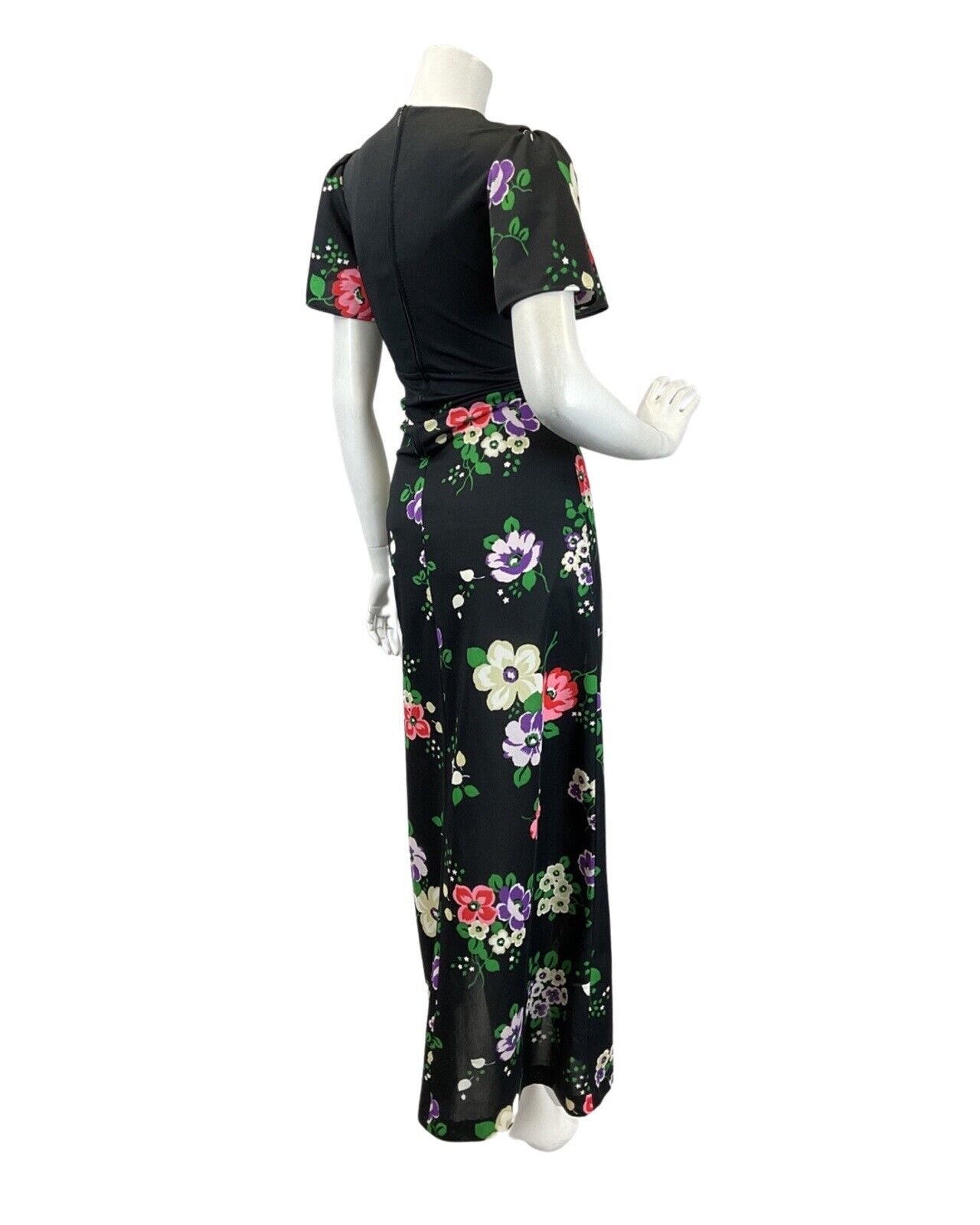 VINTAGE 60s 70s BLACK WHITE PURPLE RED FLORAL RUFFLED MOD MAXI DRESS 14 16