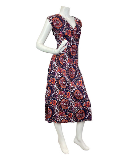 VINTAGE 60s 70s PURPLE BLUE ORANGE PSYCHEDELIC FLORAL PAISLEY MAXI DRESS 16 18