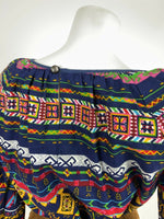 VTG 60s 70s BLUE YELLOW PINK AZTEC PSYCHEDELIC GEOMETRIC TRIBAL BLOUSE TOP 10 12