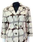 VINTAGE 60s 70s STYLE CREAM BROWN ABSTRACT DOGTOOTH BELTED MOD MIDI COAT 14 16