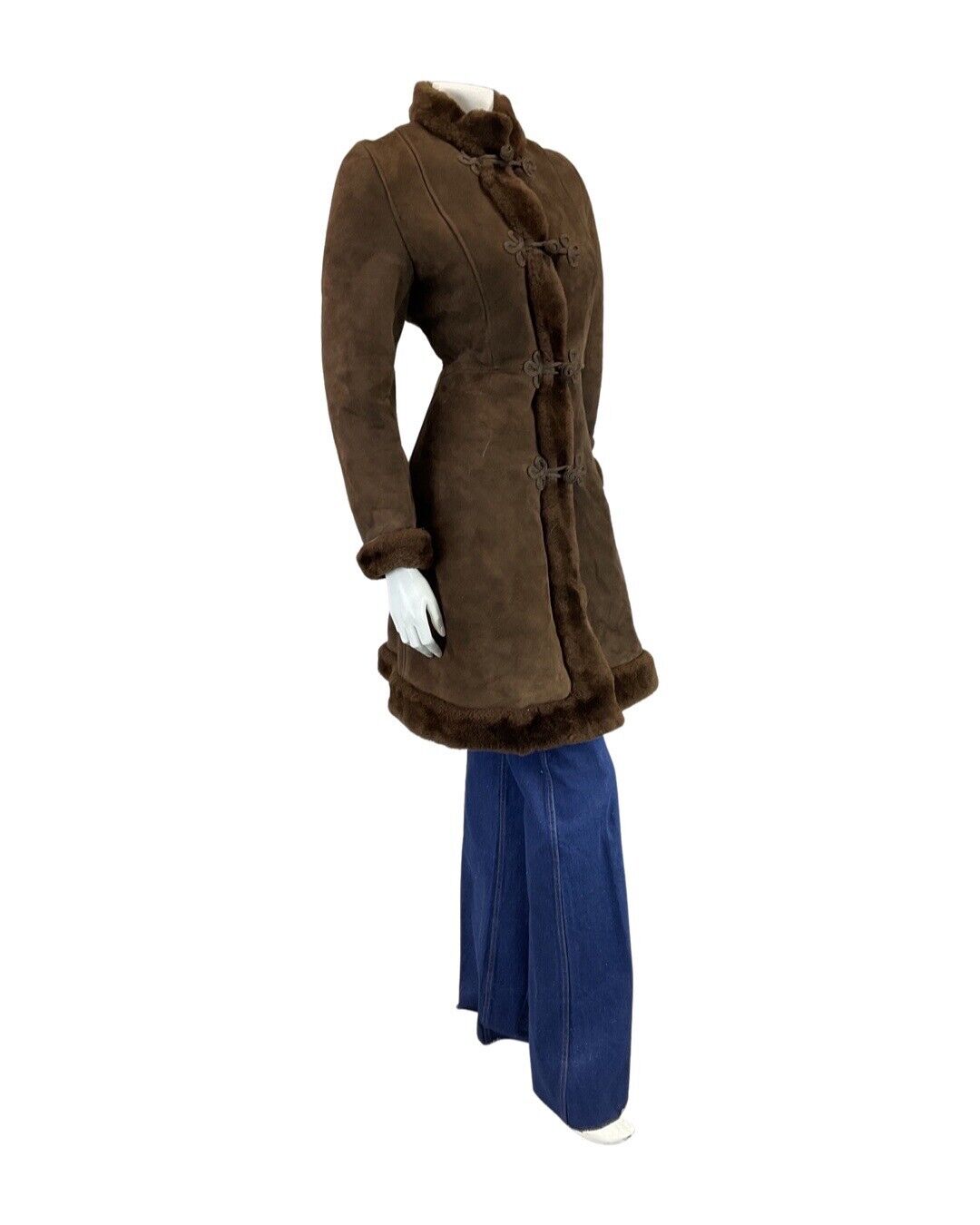 VINTAGE 60s 70s DARK BROWN ZHIVAGO BROCADE SUEDE SHEARLING MID-LENGTH COAT 10