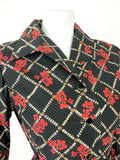 VTG 60s 70s BLACK WHITE BROWN RED GRID FLORAL POPPY WING COLLAR BELTED DRESS 12