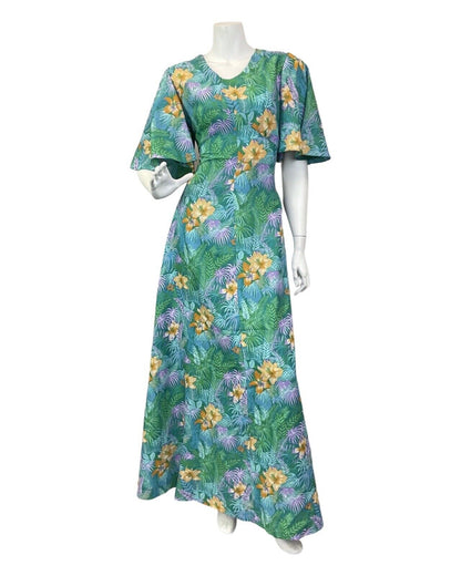 VTG 60s 70s GREEN BLUE YELLOW HAWAIIAN FLORAL PALM LEAVES TROPICAL MAXI DRESS 10