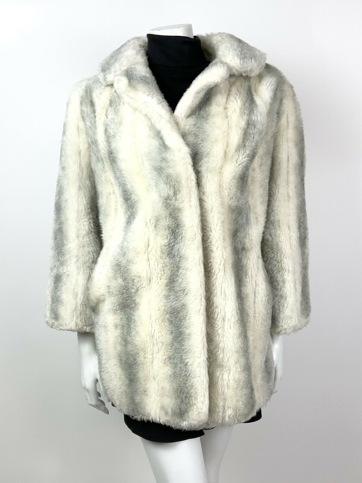 VINTAGE 60s 70s WHITE GREY BLACK STRIPED STUDIO 54 GLAM FAUX FUR COAT 14 16