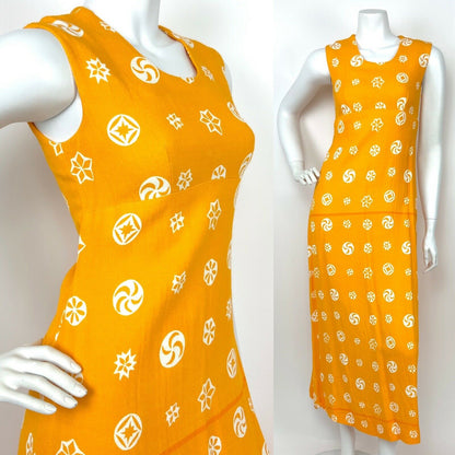 VINTAGE 60s 70s YELLOW ORANGE WHITE ABSTRACT STAR CIRCLE PINWHEEL MAXI DRESS 8