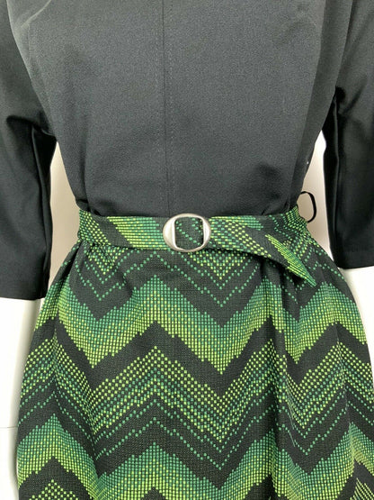 VINTAGE 60s 70s BLACK GREEN LIME ZIG-ZAG CHEVRON PIXEL BELTED MIDI DRESS 12 14