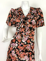 VTG 60s 70s BLACK RED PINK WHITE GREY FLORAL RUFFLE PUSSYBOW NECKTIE DRESS 12 14