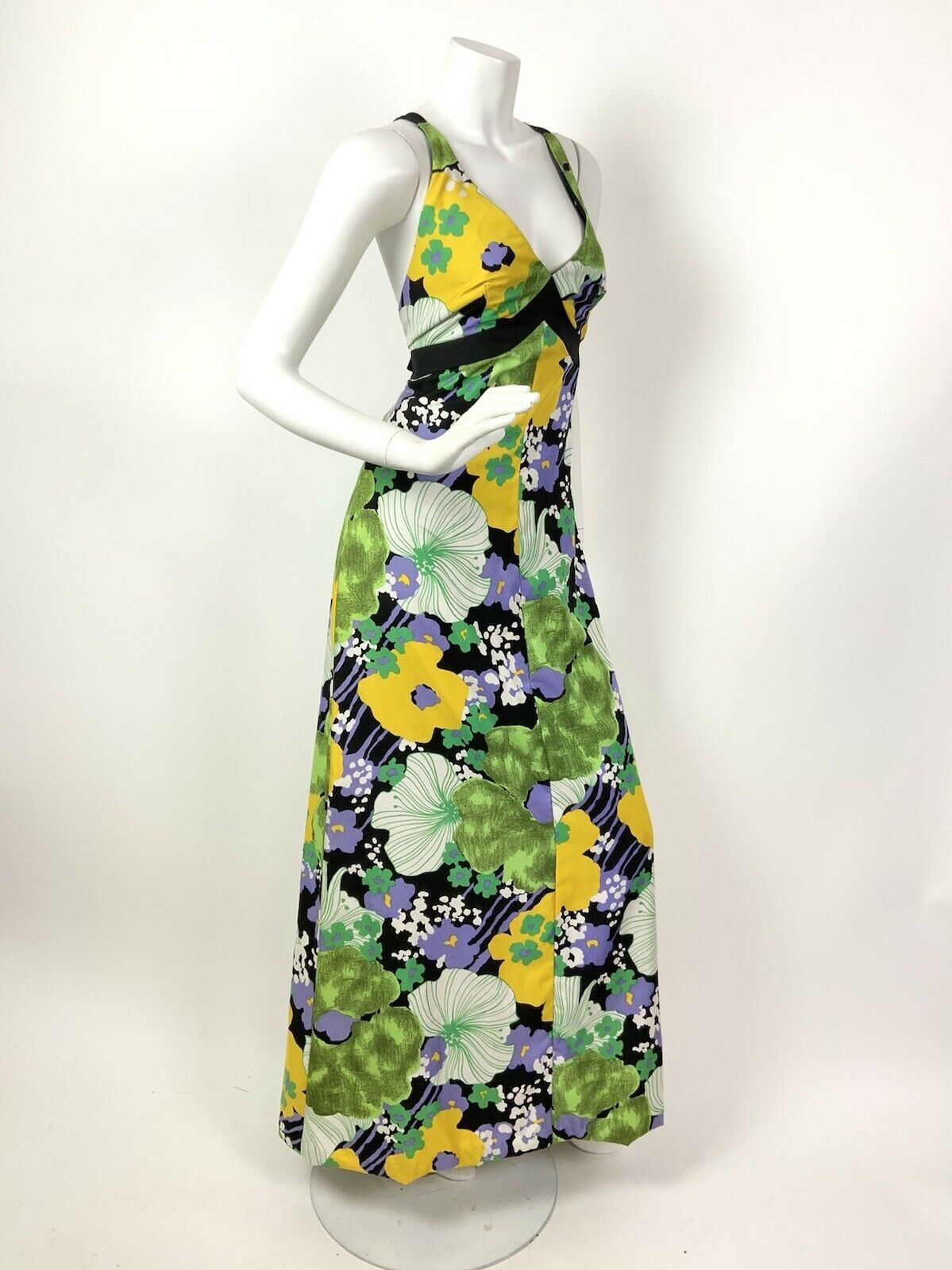 VINTAGE 60s 70s BLACK GREEN YELLOW LILAC FLORAL PSYCHEDELIC MAXI DRESS 10 12