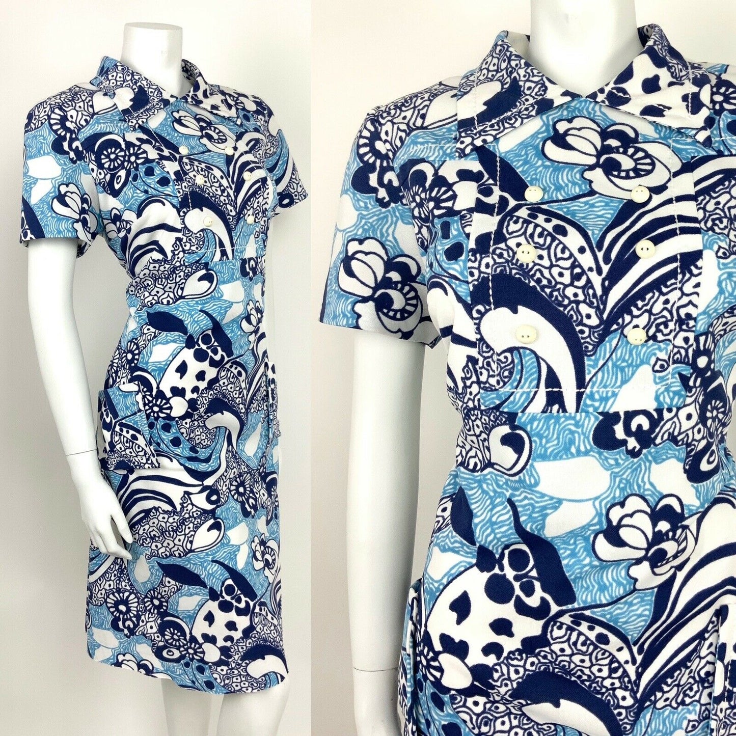 VTG 60s 70s PSYCHEDELIC WHITE NAVY BABY BLUE FLORAL ABSTRACT SHIRT DRESS 14