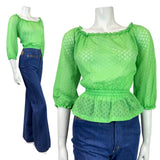 VINTAGE 70s APPLE GREEN DIAMOND RUFFLED SHEER BOHO PRAIRIE BLOUSE 10 12